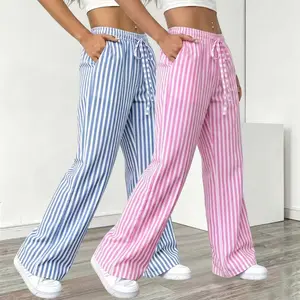 2-pack women’s long pants — summer striped long pants with a loose straight cut and wide legs for casual wear; suitable for office, travel, and everyday fashion; breathable and comfortable.