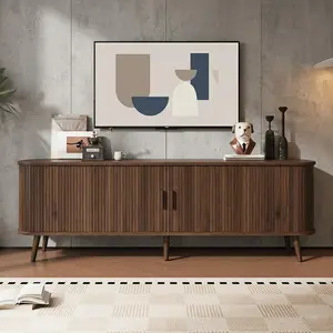 70“ Modern TV Stand for 80” TV, Media Console with Storage & Slatted Doors, Living Room Entertainment Center, Dark Walnut