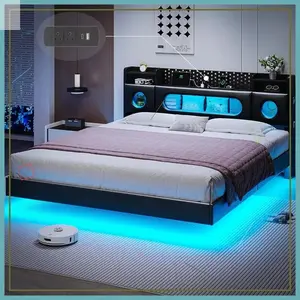 California King Floating Bed Frame with LED Lights, Storage Headboard, Noise-Free, Easy Assembly, No Box Spring Needed