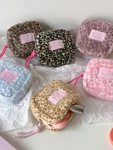 Fluffy Leopard Mini Makeup Bag, Sanitary Pad Storage Pouch, Portable Travel Cosmetic Organizer, Girls' Hygiene Wallet Handbag Card Holder, Handheld Cosmetic Pouch
