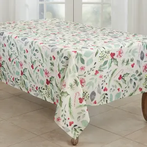 212 MAIN Large Oblong Polyester Holiday Tablecloth, 65x120 in, Festive Christmas Foliage-Candy Canes Design, Outdoor Table Decoration for Meals, Joyfulness & Warmth