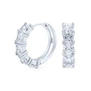 Square Princess Cut CZ Hoop Earrings Men Sterling Silver