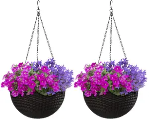 Sorbus Large Hanging Planter Round Self-Watering Basket Resin Woven Wicker Style (2-Pack) for Home and Garden