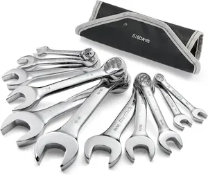 Stubby Combination Wrench Set, SAE, 11-, 3/8'' to 1'', 12-Point, CR-V Steel, with Rolling Pouch