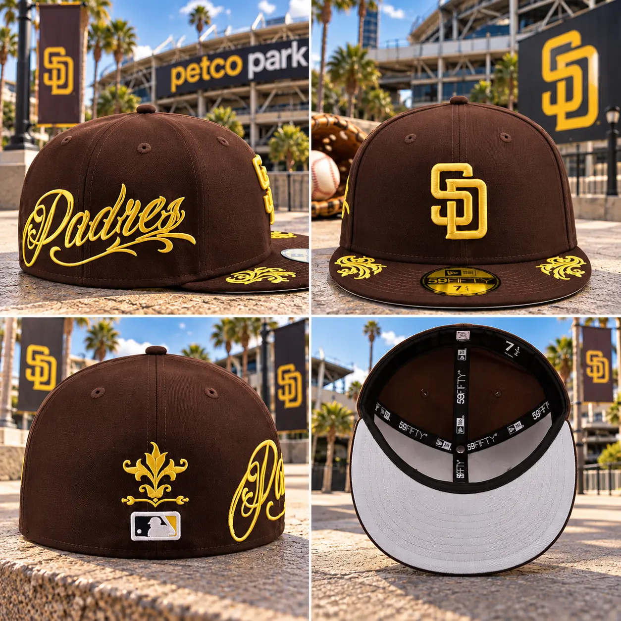 San Diego Padres 59FIFTY Fitted Hat – Brown Gold Embroidered Script Logo Baseball Cap with Flat Brim