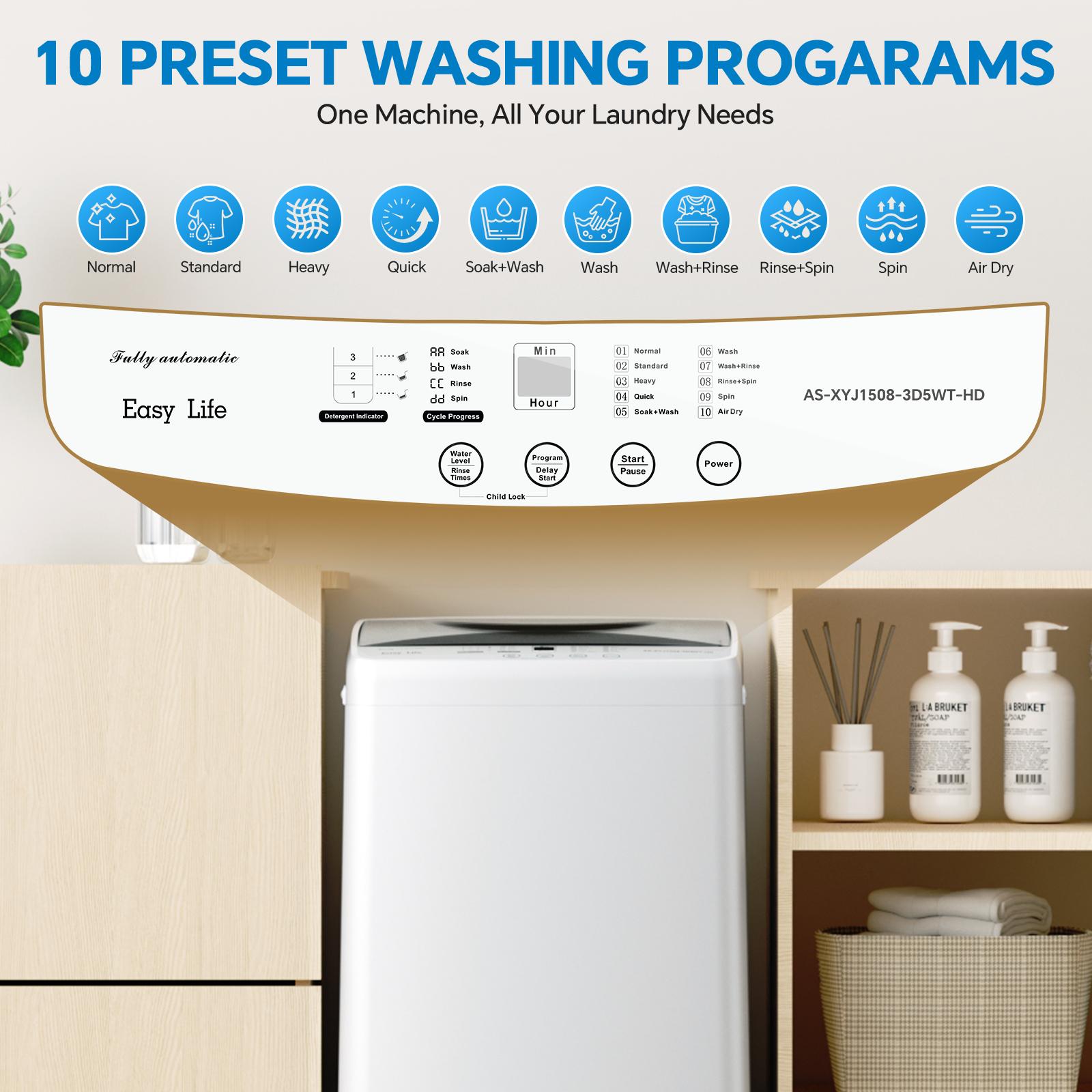 Washing Machine Portable Compact 7.7lbs Capacity Full-Automatic W/Drain Pump,10 programs 10 Water Level 1.34 Cu.ft Cloth Washer and Spinner Portable washing machine, 7.7 pounds, fully automatic compact model, stainless steel tub, 10 washing modes