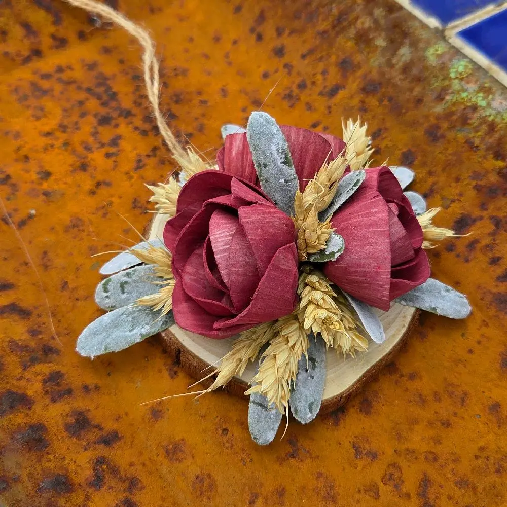 3 Rose Wooden Orange Wood Flower Christmas Ornament, 3.5" Diameter, with Wheat and Green Accents - Hanging Home Decor Decoration Essential for Tree & Shelves