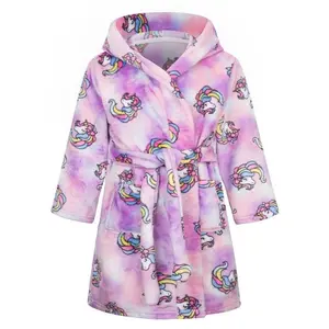 Girls' Fashion Unicorn Hooded Bathrobe, Ultra-Soft Flannel Warm Sleepwear, Cute Cartoon Pajamas, Essential Home Bathroom Wear, Fluffy Pajamas