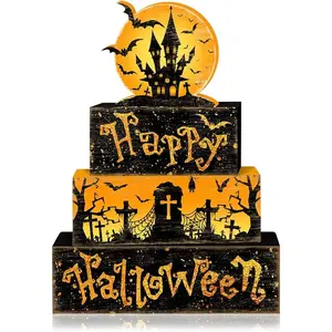 4 Pcs Halloween Haunted House Tiered Tray Decor Set – Spooky Stack Block Signs, Tombstone, Moon & Rustic Farmhouse Halloween Tabletop Decorations for Home Office, Living Room, Kitchen, Spooky Halloween Decor & Gift Ideas, home décor, unique gift