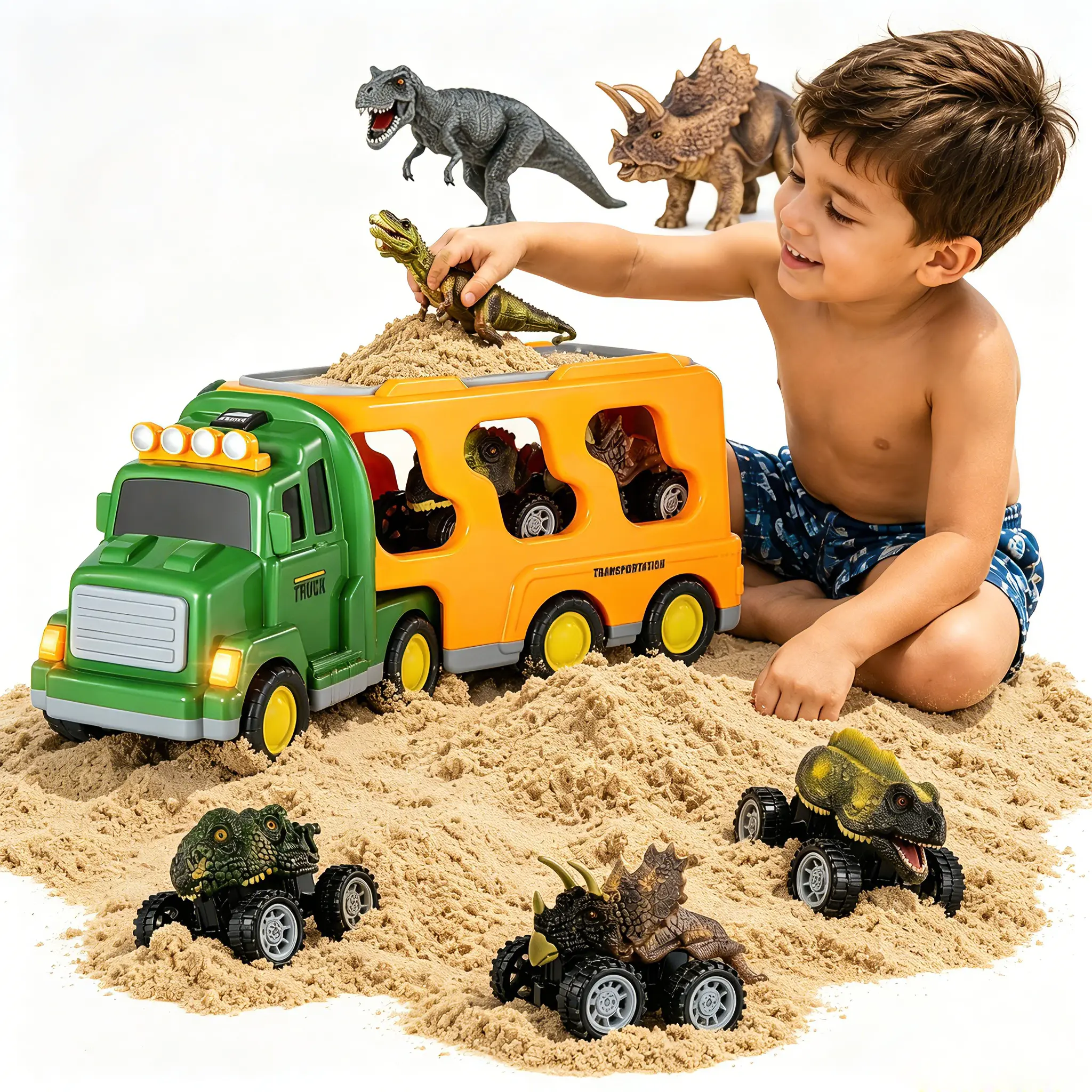7-in-1 Unisex Plastic Safe Animal Shape Dinosaur Transport Truck Sand Toy - Preschool Learning Activity Gift for 3,6-8 Years Kids, Indoor Play, Birthday/Easter Gift Idea