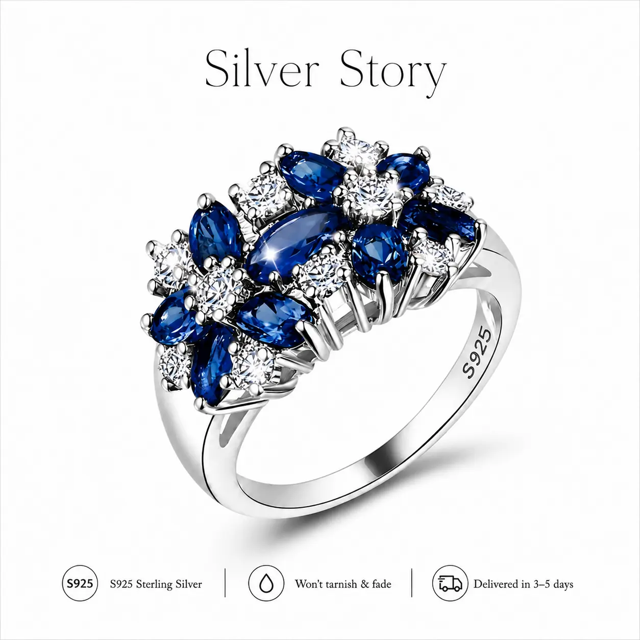 925 Sterling Silver Blue Sapphire Ring for Women, Vintage Floral Cluster Engagement Ring, Cubic Zirconia Cocktail Statement Ring, Hypoallergenic Fine Jewelry, Size 6-10