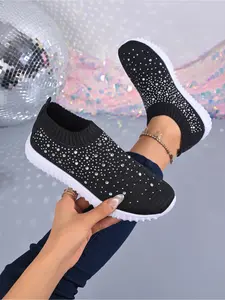 2026 Summer New Rhinestone Flyknit Mesh Sports Shoes for Women, Slip-On Breathable Lazy Person Shoes, Soft Sole Casual Shoes, Sneaker, Walking Shoes