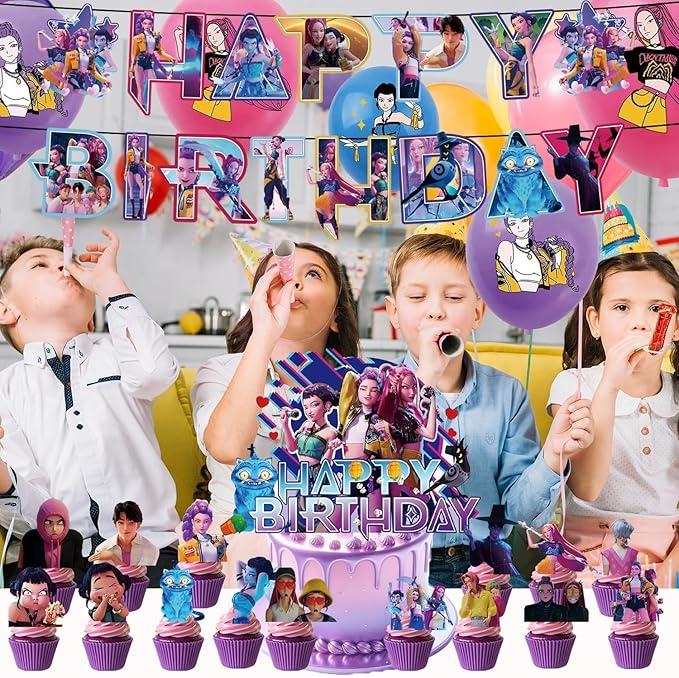 KPOP Demon Hunter Party Decoration Set, Movie-Themed Birthday Party Banner, Balloon Banner Backdrop, Cake Top Decoration, Christmas Gift