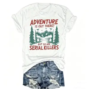 Women's Casual Short Sleeve T-Shirt - "Adventure Is Out There!" Mountain Lakes Graphic Print, Round Neck Summer,Machine Washable Outdoor Enthusiast