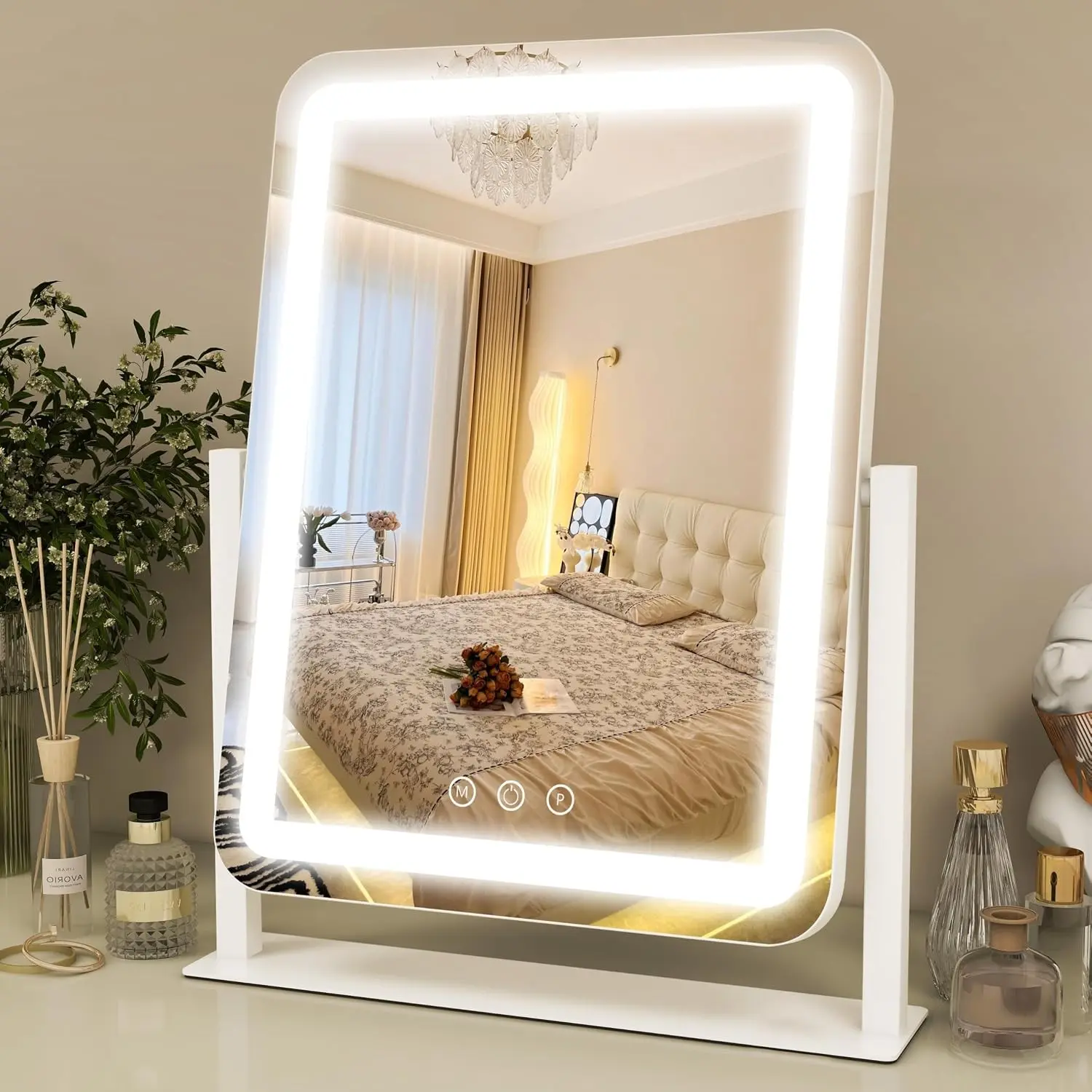 ROLOVE Vanity Mirror with Lights 14.6x13 Inch, Smart Touch Control, 3 Color Lighting Modes, Table Top Mirror with Stand for Bedroom