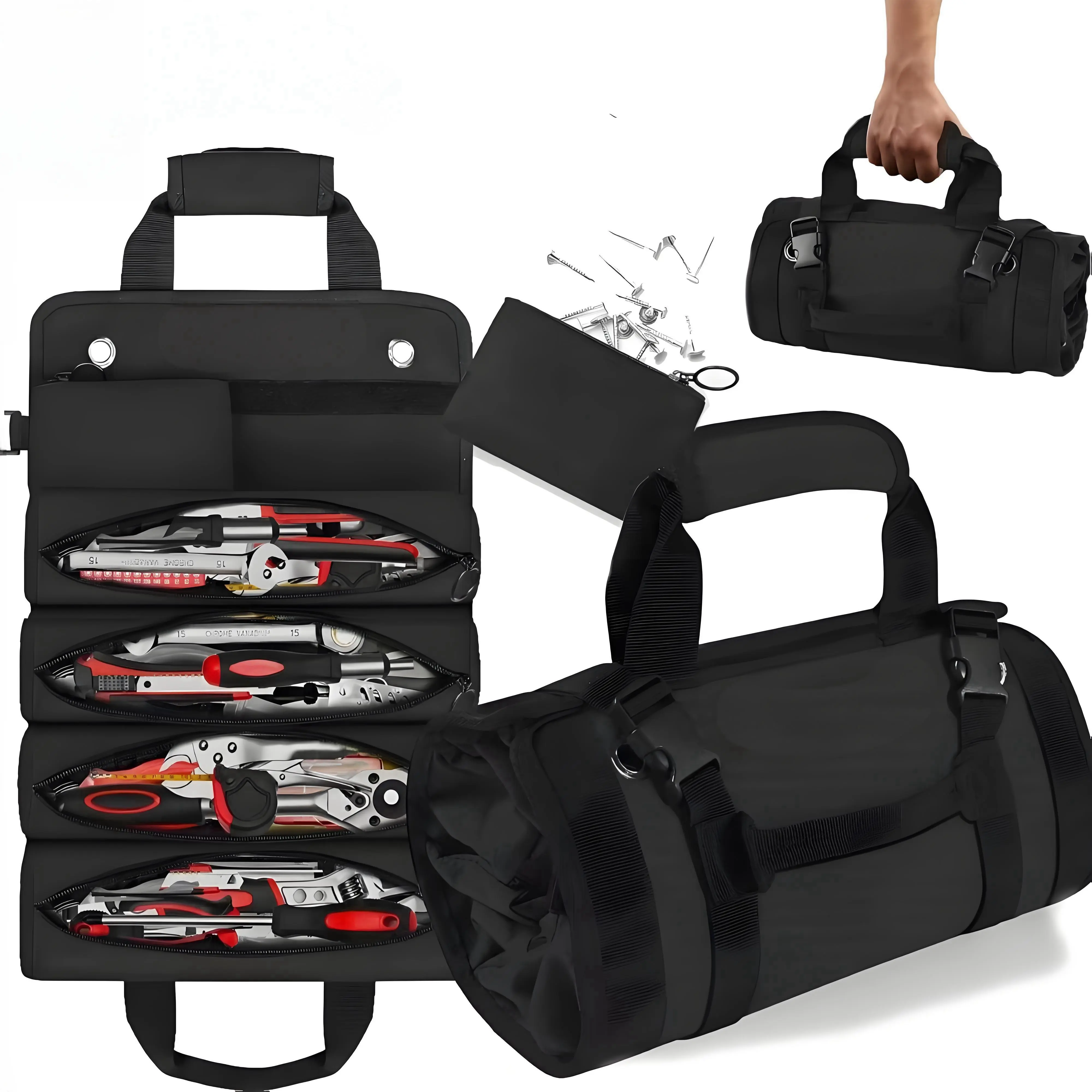 Heavy-duty roll up tool bag with Multiple Compartments Adjustable Shoulder Straps Green Fabric Design for Electricians and Mechanics