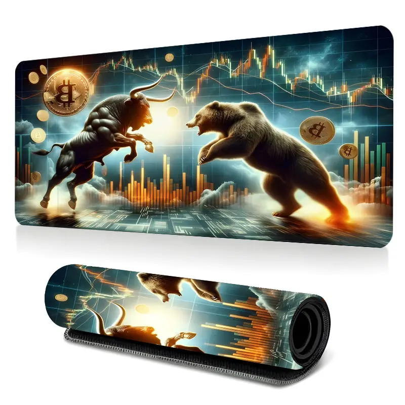 Bull vs Bear Crypto Trading Gaming Mouse Pad, Desktop Accessory, Mouse Pads For Desk, Financial Market Battle Desk Mat with Bitcoin Chart Design, Extended Non-Slip Rubber Base, HD Printing, for Trading Desk, Gaming Setup, Mousepad