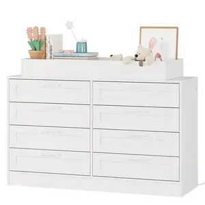 Changing Table Dresser with 8 Wood Drawers, Classic Nursery Dresser, Changing Shelves, Multi-Functional Diaper Changing Station, Dresser for Bedroom (No Pad),White