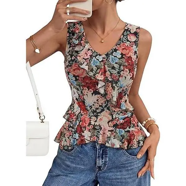 ZESICA Women‘s 2026 Summer Sleeveless V Neck Floral Ruffle Tops Casual Mesh Going Out Shirts Blouse Fashion Clothes