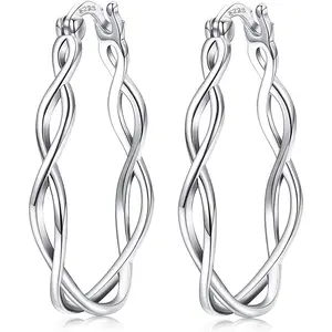 FINREZIO 1 Pair Silvery Exquisite Twisted Hoop Earrings for Women Men Hypoallergenic 925 Sterling Silver Interwoven Infinity Large Hoop Earrings Dainty Minimalist Polished Silver Huggie Earrings Elegant Jewelry for Daily Wear Parties Weddings Gift Giving