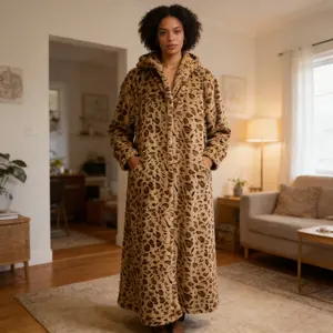 Women's Leopard Print Plush Pajama Robe, Soft Fleece Loungewear with Tie Waist, Long Sleeve Open Front Home Bathrobe, Cozy Animal Print Sleepwear for Women SpringStatements
