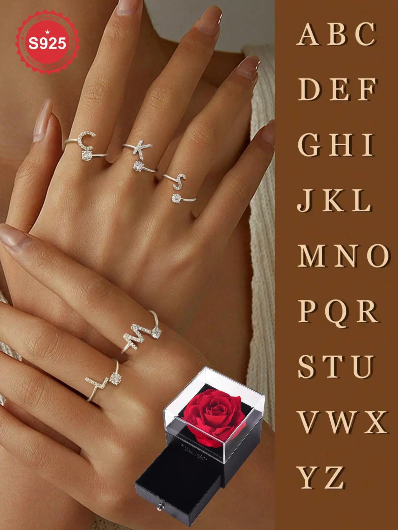 S925 Sterling Silver Flexible Letter Design Ring, Adjustable Initial Unique Rings for Women & Girls, Elegant Jewelry for Party, Daily Decor, Trendy All-match & Exquisite Jewelry for Birthday Gift