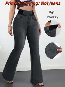 Women's Printed Skinny Jeans, Casual Fake Denim Style, Elastic Stretchy Material, All-Season Wear, Versatile Design, Leggings Pants