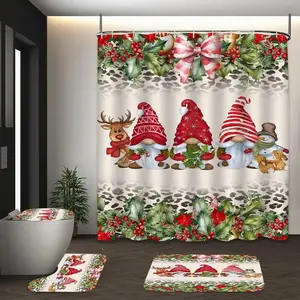 1/4-piece set: Cute three gnome pattern bathroom shower curtain and mat set for winter Christmas, includes 12 hooks, non-slip bathroom mat, non-slip toilet U-shaped mat, toilet seat cover, bathroom partition, modern home decor.