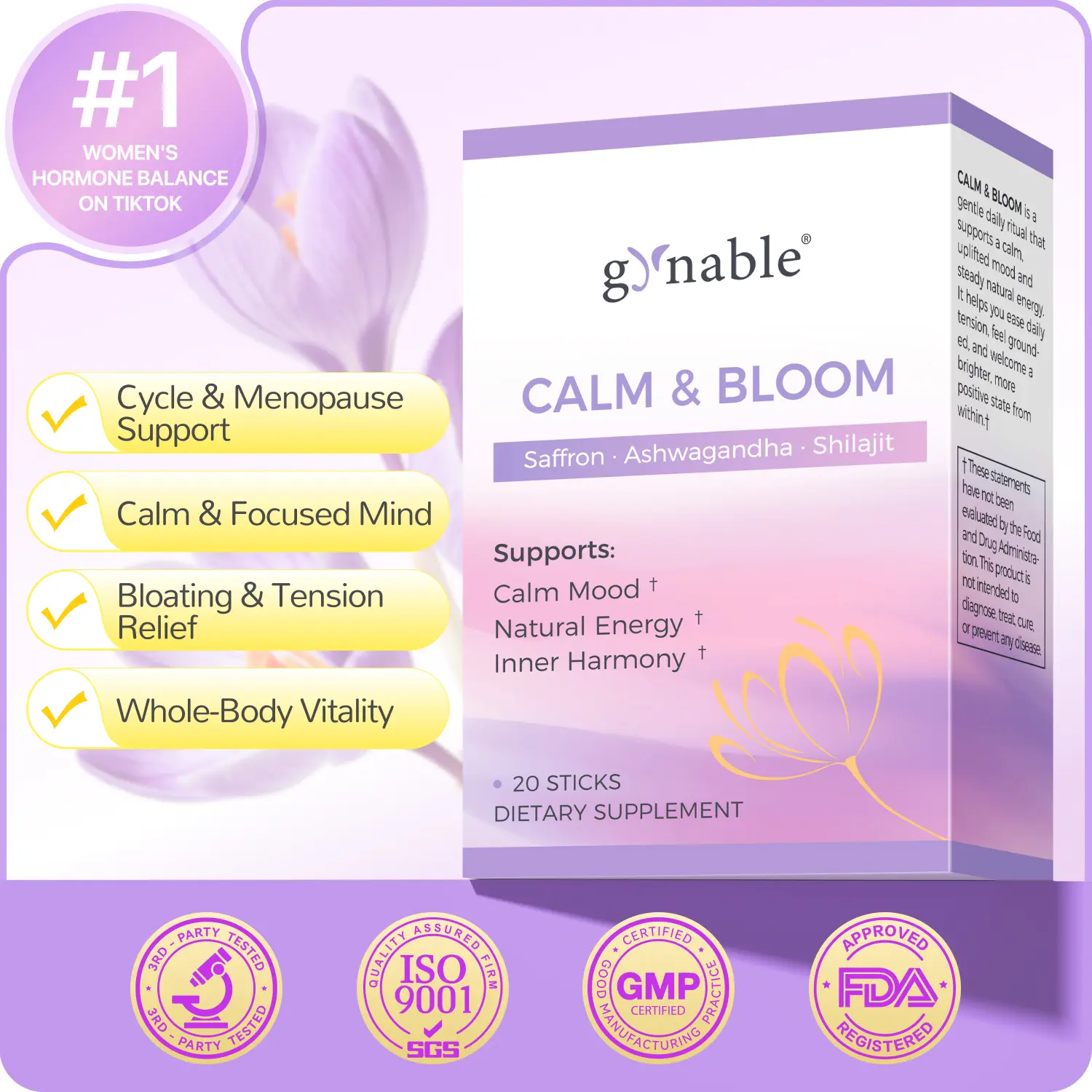 GYNABLE Saffron & Ashwagandha Natural Calming Powder Drink - Women's 8-in-1 Dietary Supplement, Caffeine-Free, Non-GMO, Sugar-Free, with Magnesium Glycinate, Shilajit, L-Theanine, B6, 20 Travel Packets