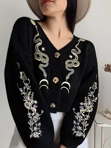 Women's V Neck Gothic Plant Snake Embroidery Sweater, Casual Loose-Fit Short Knitted Cardigan, Fall & Winter Fashion