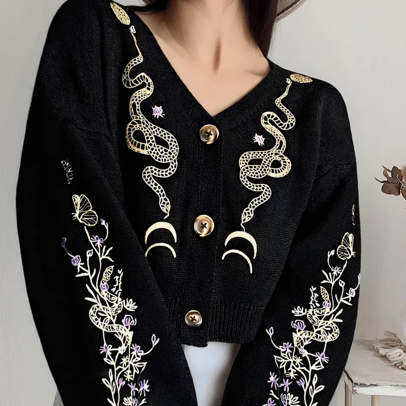 Women's V Neck Statement Gothic Punk Plant Snake Embroidery Sweater, Casual Loose-Fit Short Knitted Cardigan, Fall & Winter Fashion Animal, Knitwear, Knit Cardigan Sweaters