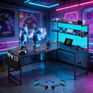 【Cable Organizer】Raybee Reversible L-Shaped 53‘’W Gaming Desk with LED Light & Power Outlets,Sturdy & Easy Assemble Computer Desk with 2 Hooks & Side Storage Pocket,Gaming Setup for Home Office Use,Study desk for teenagers, Computer Table with Shelf,Black