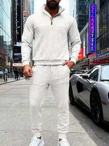 Men's Textured Quarter-Zip Two-Piece Set, Cable Knit Stand Collar Sweatshirt & Long Pants, Urban Style for Fall & Winter, Multiple Colors