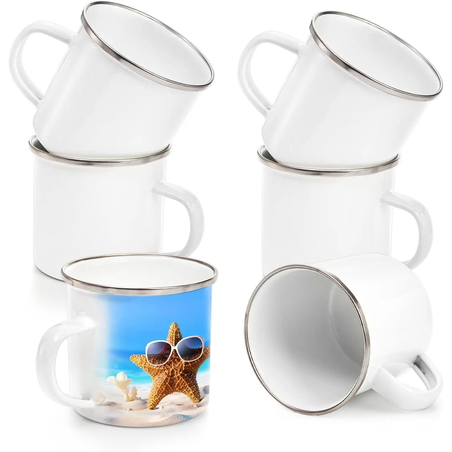 6 Pack Sublimation Blank White Enamel Mug, 12 OZ Coffee Mugs with Silver Rim Camping Travel Mug Vintage Tea Cup for Father's Day, Thanksgiving, Graduation, Gift