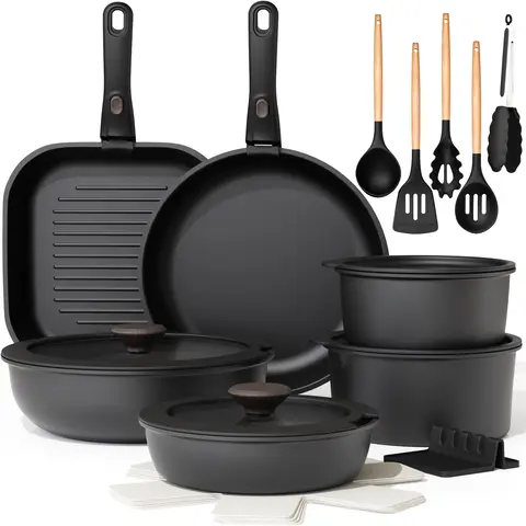 Astercook 22-Piece Non-Stick Aluminum Coated Cookware Set - Detachable Handle, Steak Frying Pan, Egg Pan, PFOA-Free, Oven Safe, Space-Saving, Induction Compatible, Less Oil, Residential Small-Space Hero, Modern Father's Day Gift for Men