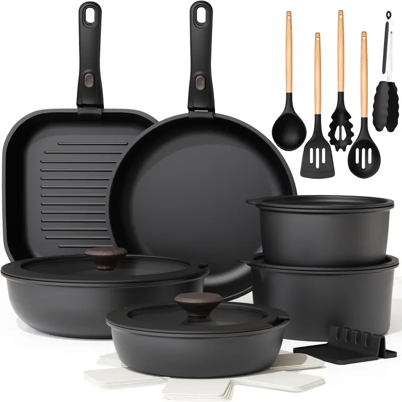 Astercook 22-Piece Non-Stick Aluminum Coated Cookware Set - Detachable Handle, Steak Frying Pan, Egg Pan, PFOA-Free, Oven Safe, Space-Saving, Induction Compatible, Less Oil, Residential Small-Space Hero, Modern Father's Day Gift for Men