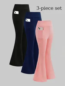Young Girls Knitted Elastic Solid Color Casual Long Pants 3 Pack, Simple Versatile Daily Wear, Girl's Clothing, Elastic Waisted Pants