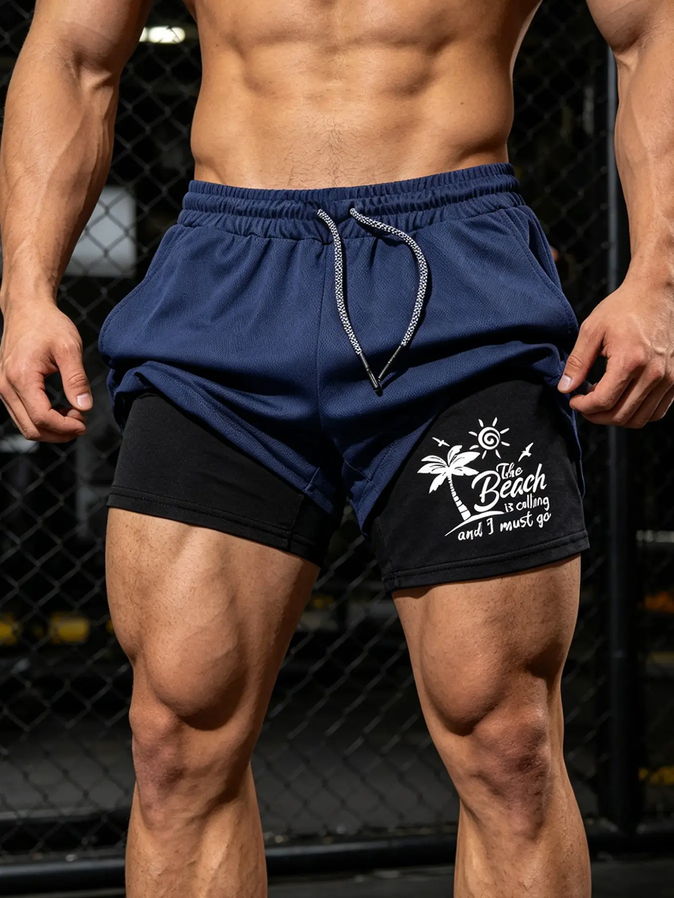 Quick Dry Running Double Layer Shorts for Men - Gym Athletic Training Shorts with Compression Liner & Phone Pockets Tropical Beach Print