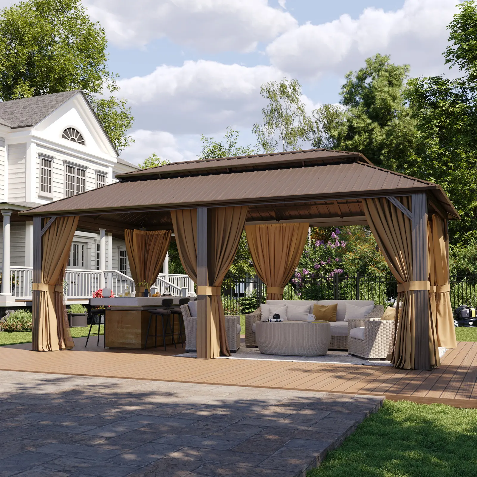 Aoxun Hardtop Gazebo, Galvanized Steel Double Roof Aluminum Frame Outdoor Canopy with Detachable Privacy Curtains & Mosquito Netting for Backyard Patio Garden
