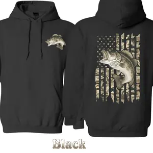 American Flag Bass Fishing Hoodie – Patriotic Camo Fish Design , Perfect Gift For Fishermen And Outdoor Lovers , Warm Black Pullover , Country Style Hoodie For Fall And Winter , Fishing Apparel