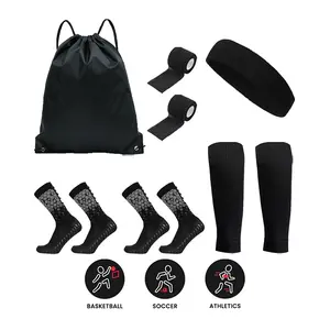 6-Piece Football Socks Set Outdoor Running Fitness Sports Training Kit, Anti-Slip Socks, Shin Guards, Pull Cord Bag, Hair Tie, Soccer Socks