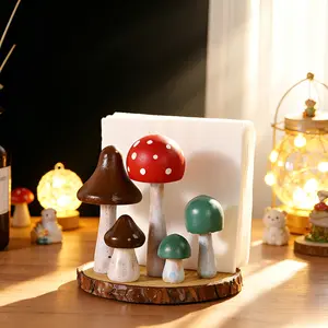 Mushroom Napkin Holder for Home Decor, Wooden Tissue Stand Figurine for Indoor Use, Farmhouse Desk Decor for Living Room & Kitchen Art