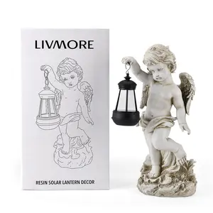 Livmore White Polyresin Angel Figurine with Lantern 6.50x7.28x15.35