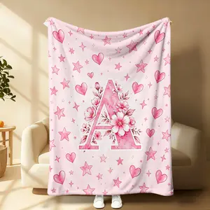 Custom Pink Letter A To Z With Cherry Blossom Soft Cozy Blanket, Gift For Her Flannel Throw Blanket,  Warm For Living Room Bedroom Office Nap, Birthday Valentine Gift For Girlfriend Daughter Bestie, Personalized Initial Keepsake Home Decor