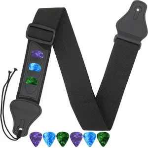 Guitar Accessory Kit: Black Strap with 3 Pick Pockets, 6 Picks, Easy Attachment, Compatible with Electric or Acoustic Instruments