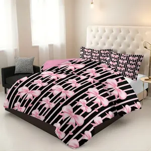 U-Shape Quilted Comforter Set, 1 Comforter + 2 Pillowcases, HD Printed Pink Bow Black Stripe Bedding Set, 200GSM Fill Soft Comfortable Bedding with Good Resilience