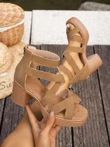 Sweet Cool Style Chunky Heel Platform Sandals, Velvety Material, Waterproof Design, Large Size Women's High Heels, Casual All Seasons Shoes