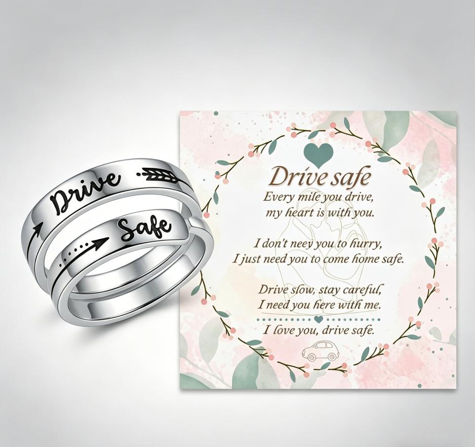 “Drive Safe”Stainless Steel Ring with Sentimental Message Card Couple Promise Ring Gift for Boyfriend Girlfriend Anniversary Birthday Jewelry,0.74 inch