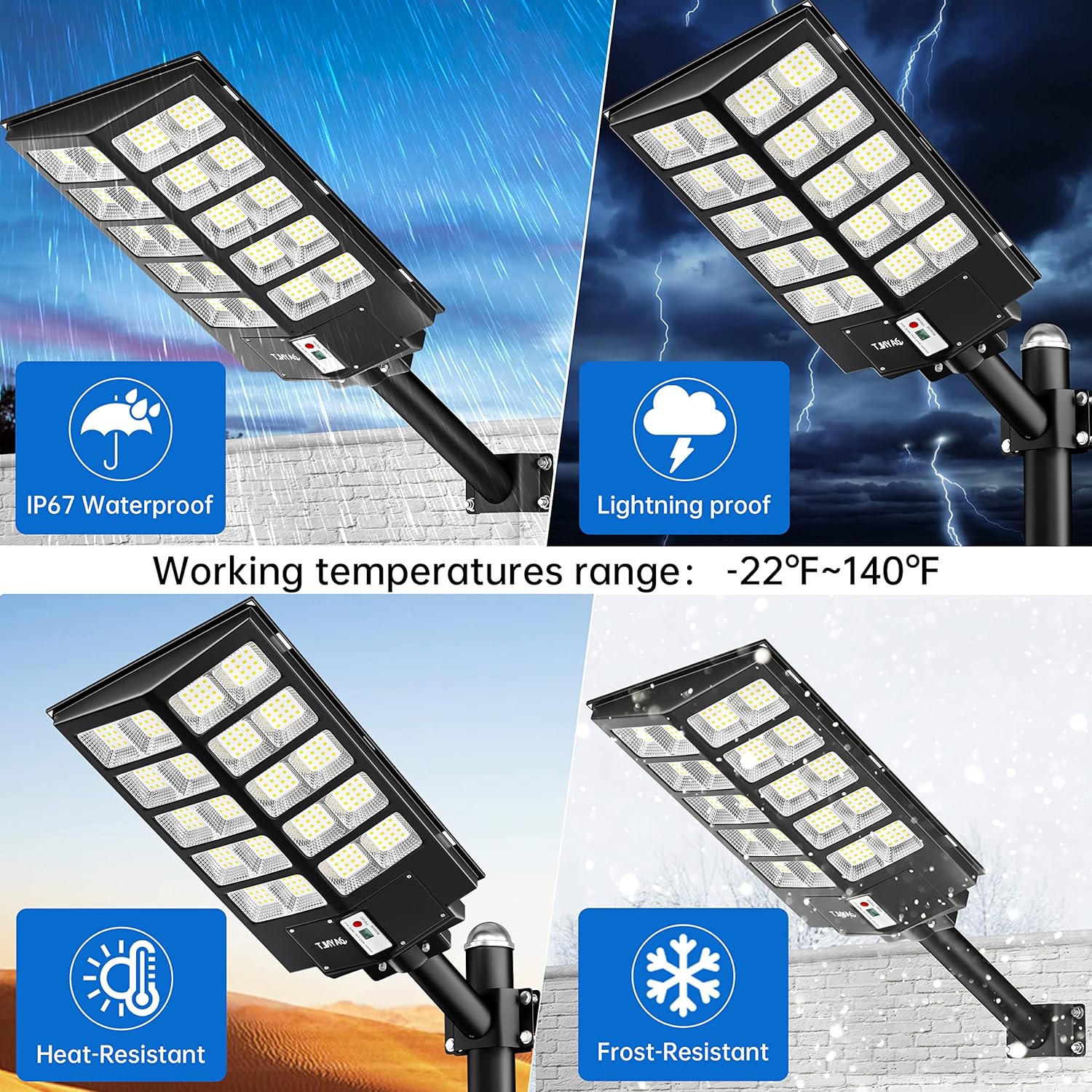 Solar Street Light Outdoor, 6500K LED Flood Light IP67 Waterproof, Dusk to Dawn for Parking Lot Yard Basketball Court