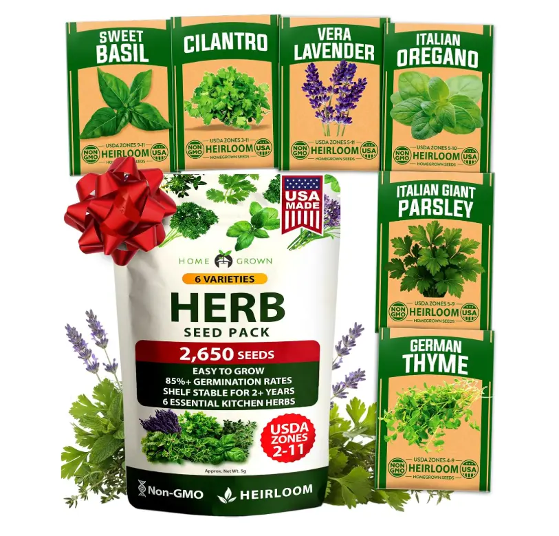 HOME GROWN 6 Herb Seeds for Planting 2,650+ Non-GMO Heirloom Seeds | Extra Large Variety Pack Herb Kit – Indoor Outdoor & Hydroponic | Culinary Seed Set | Grow Your Own Herbs | Gift for Beginners